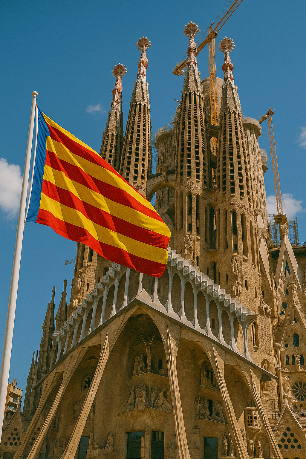 Vista de la Sagrada Família amb bandera catalana, símbol del debat polític i social a Catalunya